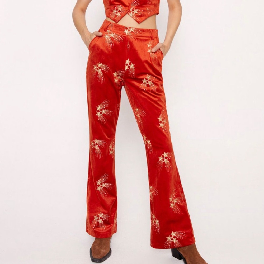 Velvet Flare Pants - Embroidered ORANGE
